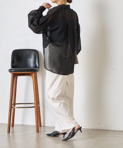 透紗條紋 中長款襯衫