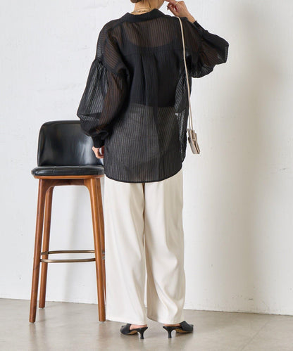 透紗條紋 中長款襯衫