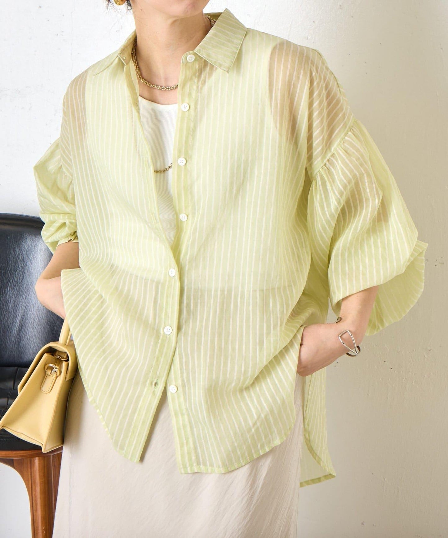 透紗條紋 中長款襯衫
