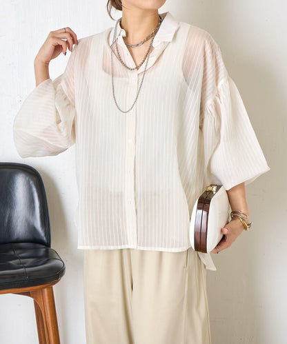 透紗條紋 中長款襯衫