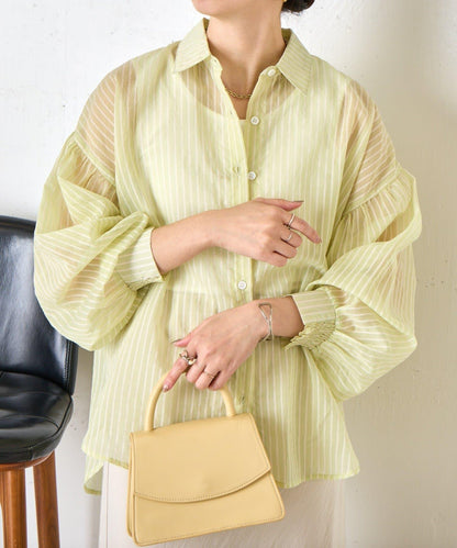 透紗條紋 中長款襯衫