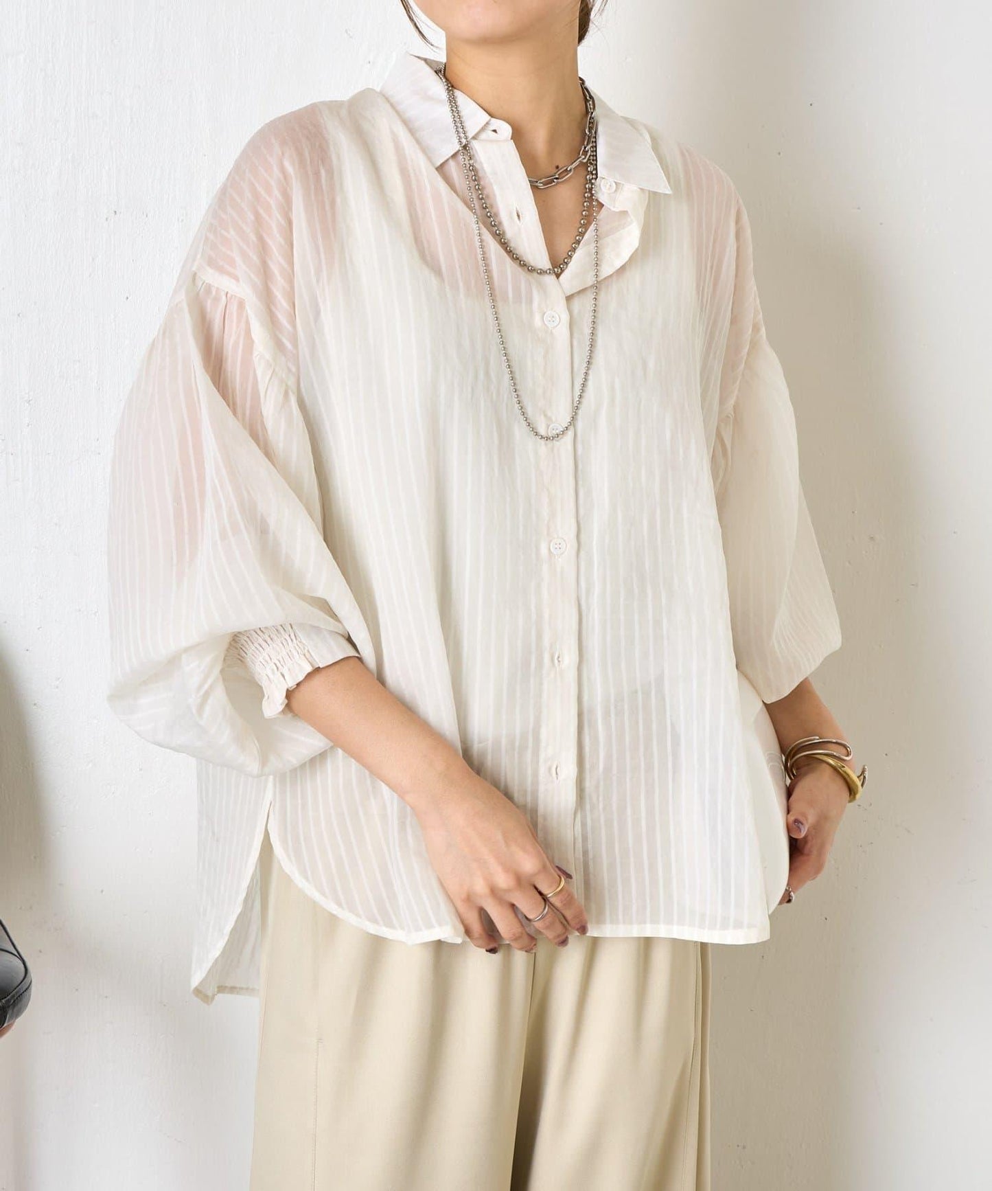 透紗條紋 中長款襯衫