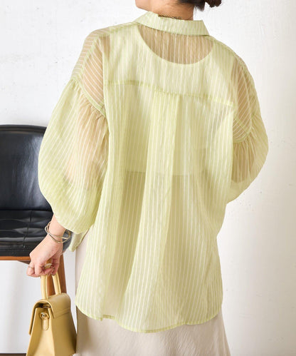 透紗條紋 中長款襯衫