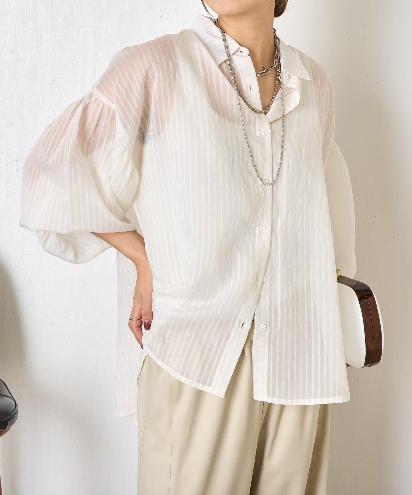 透紗條紋 中長款襯衫