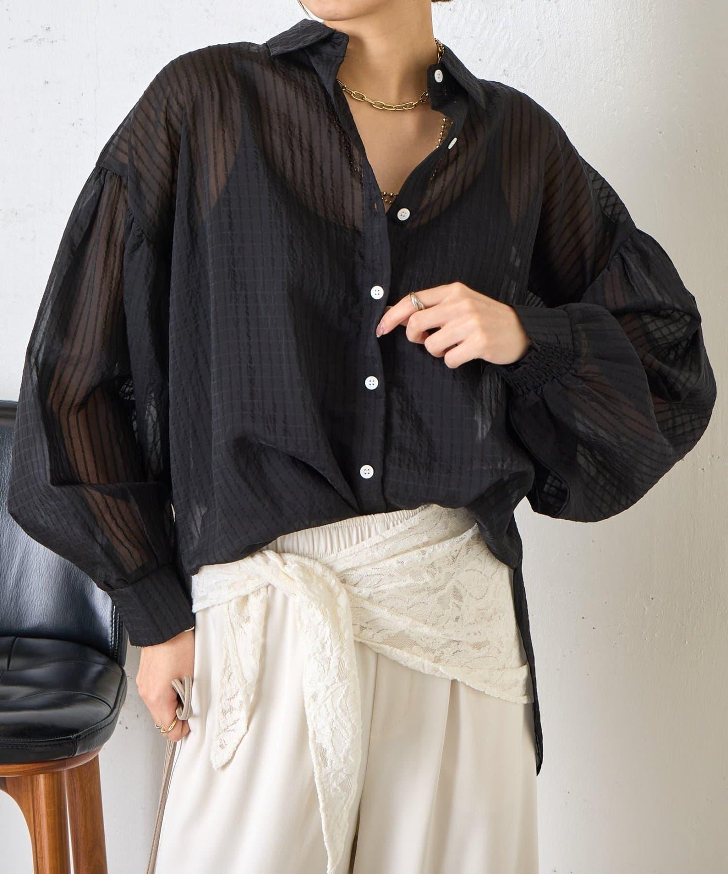 透紗條紋 中長款襯衫