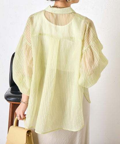 透紗條紋 中長款襯衫