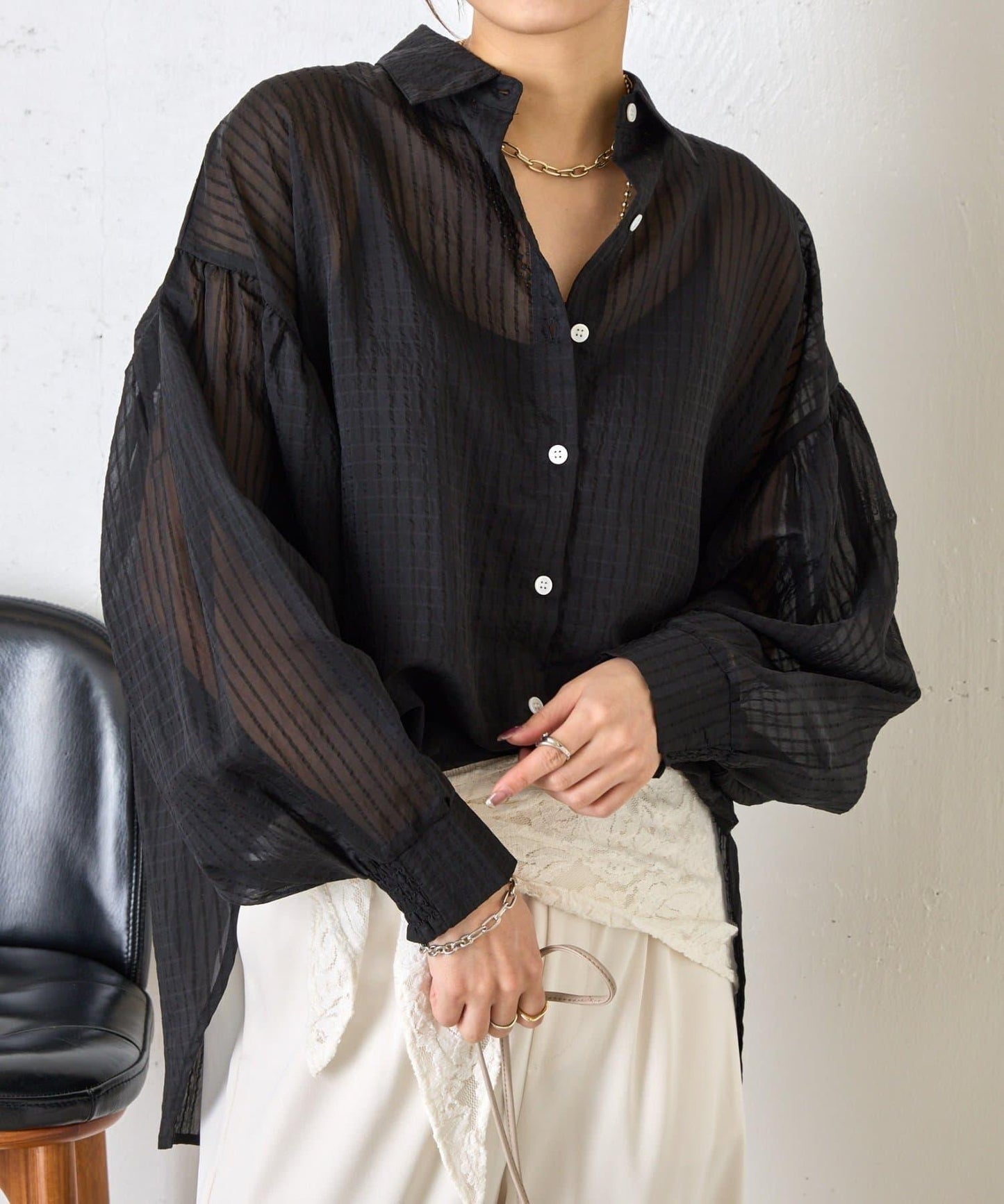 透紗條紋 中長款襯衫