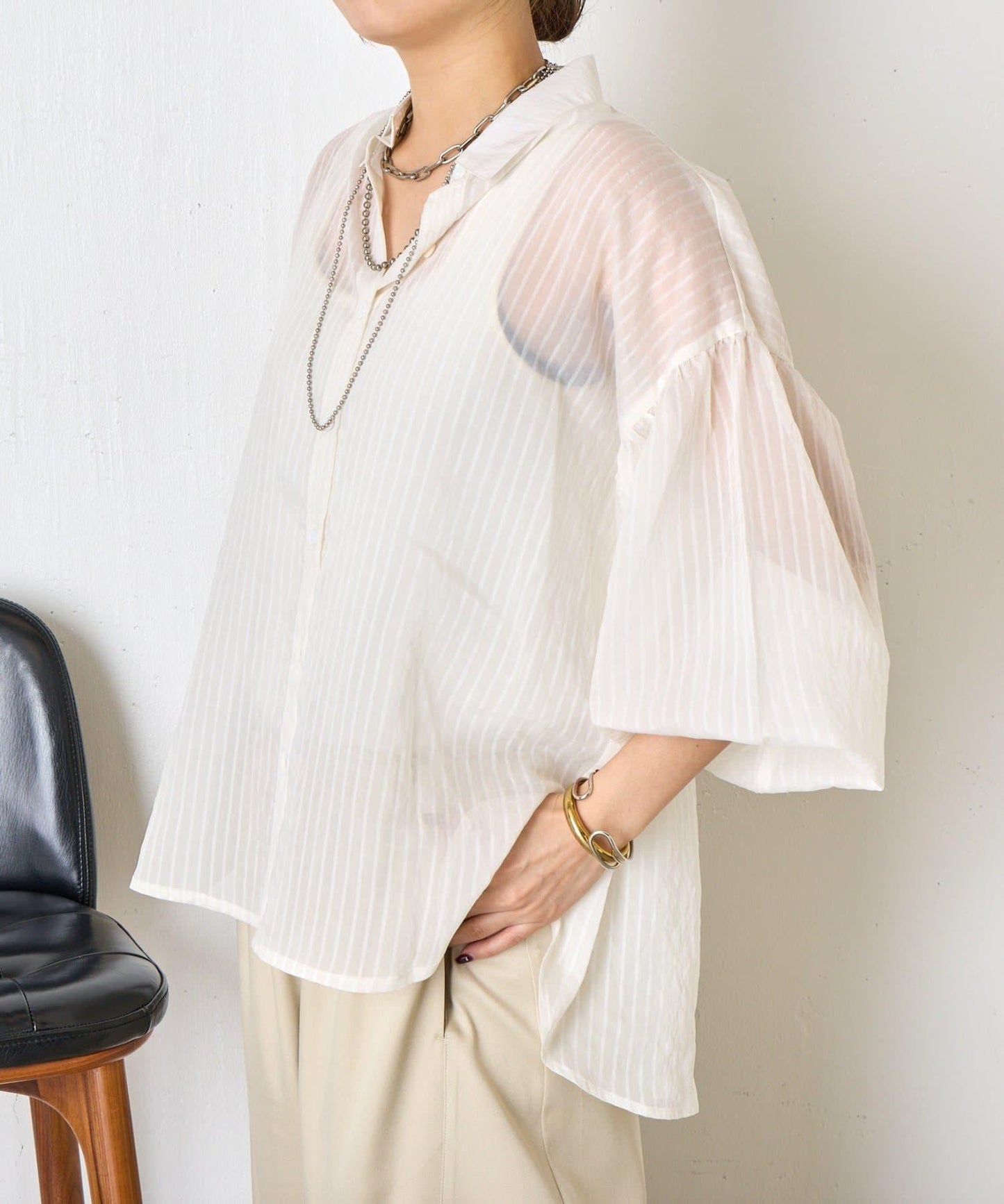透紗條紋 中長款襯衫