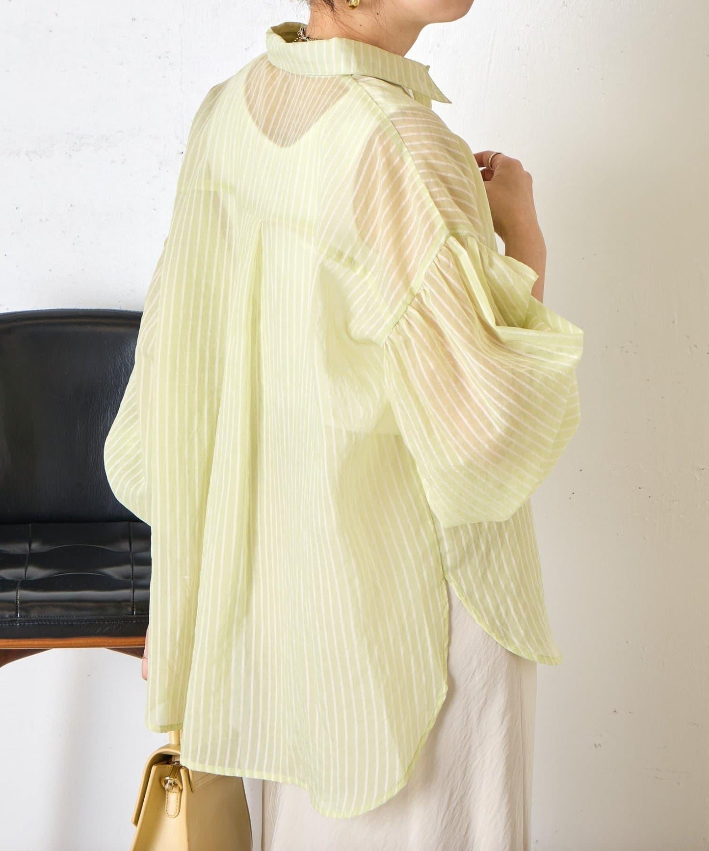 透紗條紋 中長款襯衫