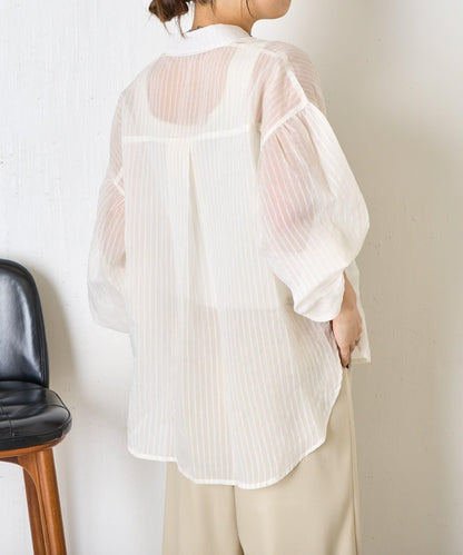 透紗條紋 中長款襯衫