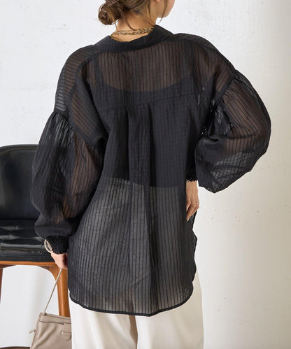 透紗條紋 中長款襯衫