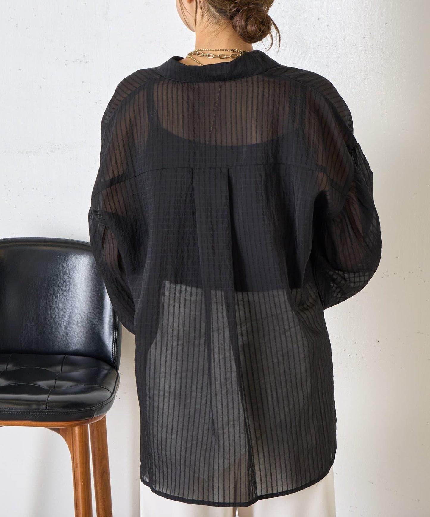 透紗條紋 中長款襯衫