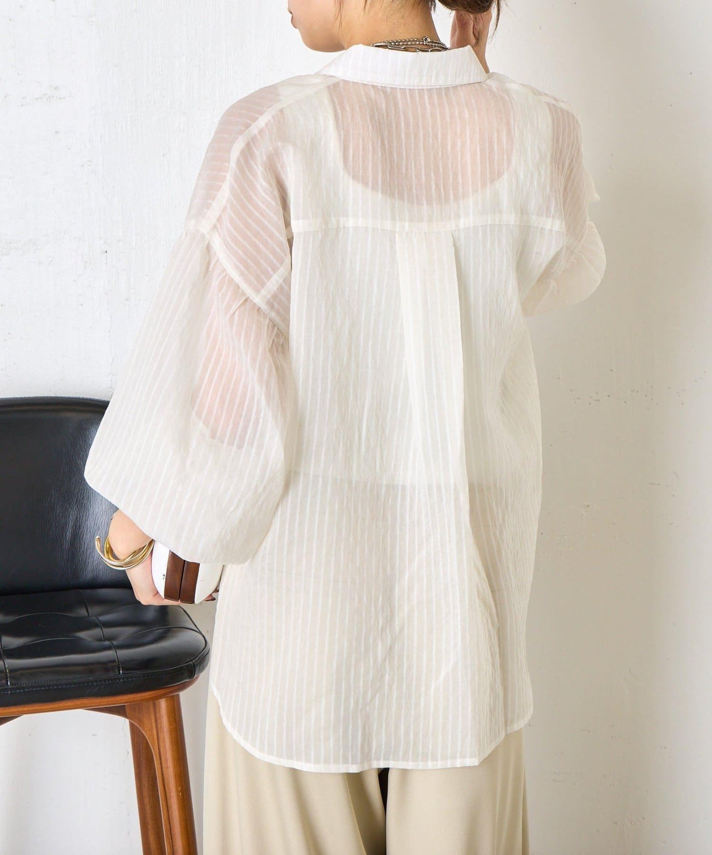 透紗條紋 中長款襯衫
