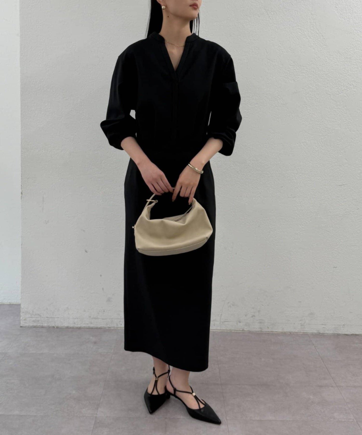 亞麻感 V領 連衣裙