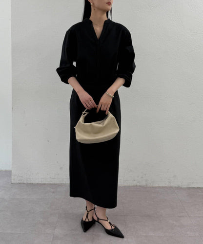 亞麻感 V領 連衣裙