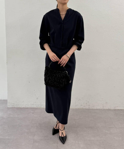 亞麻感 V領 連衣裙