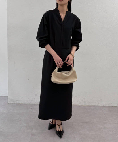 亞麻感 V領 連衣裙