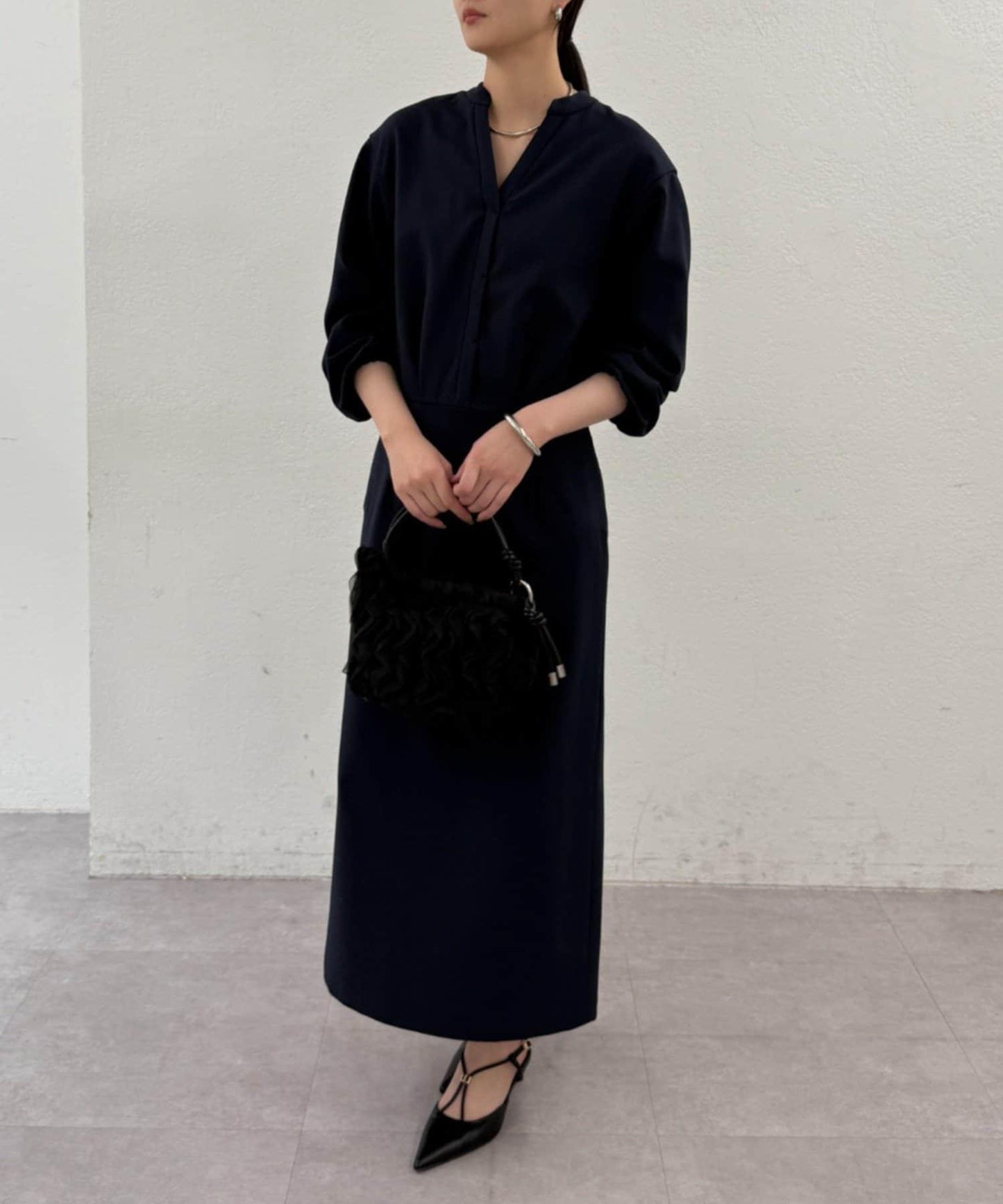 亞麻感 V領 連衣裙