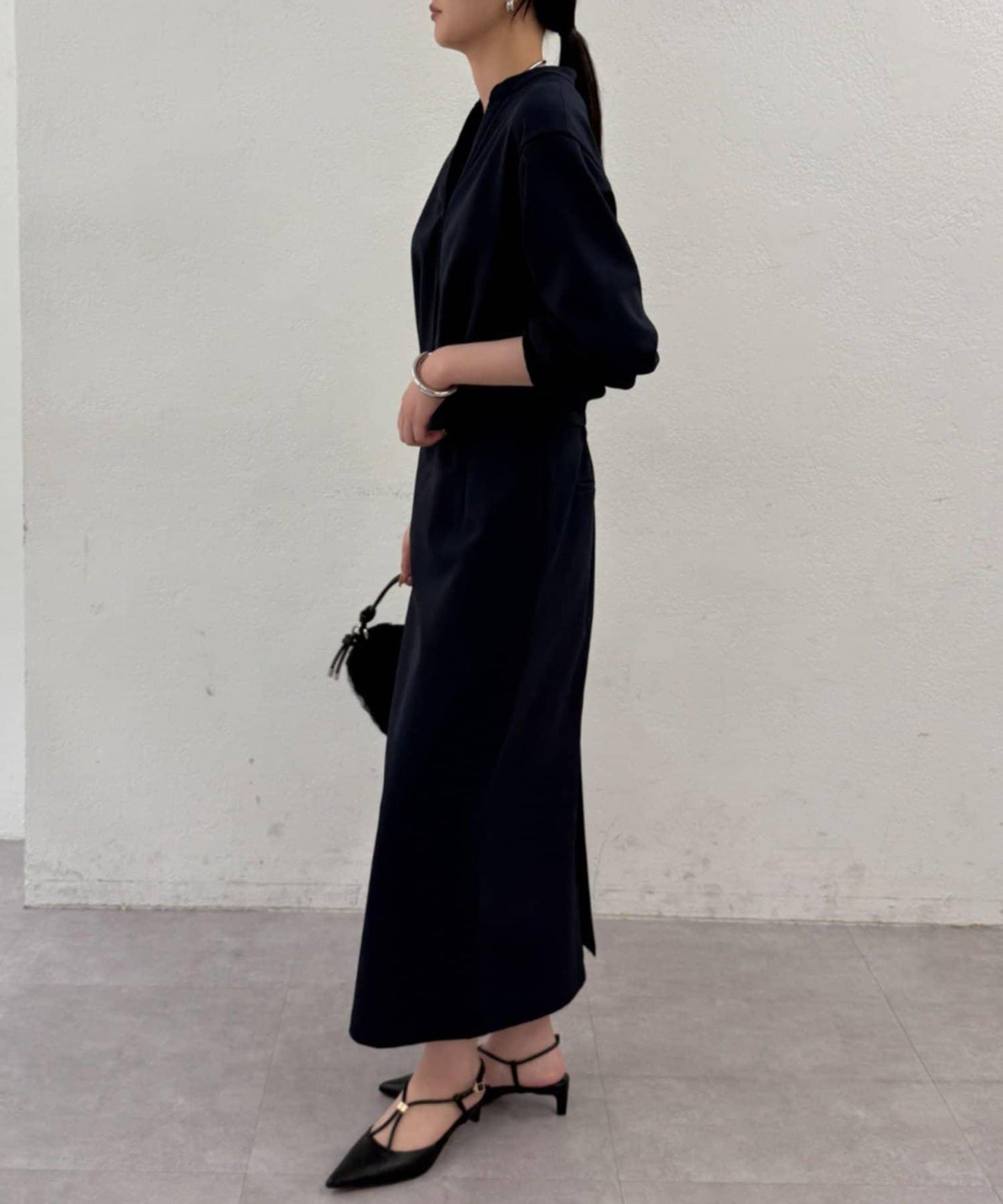 亞麻感 V領 連衣裙