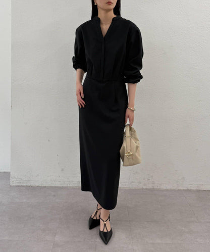 亞麻感 V領 連衣裙