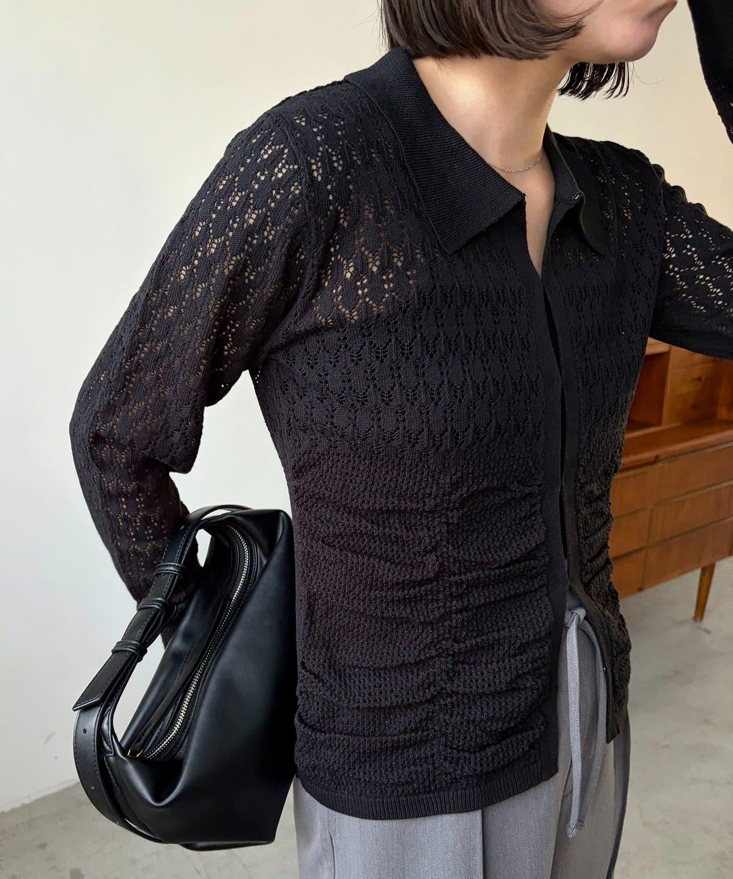 蕾絲抽褶按扣 針織開衫