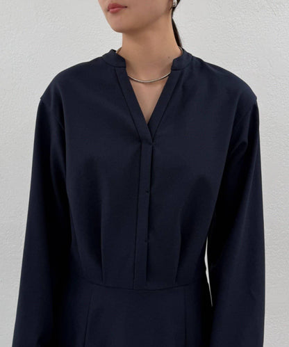 亞麻感 V領 連衣裙