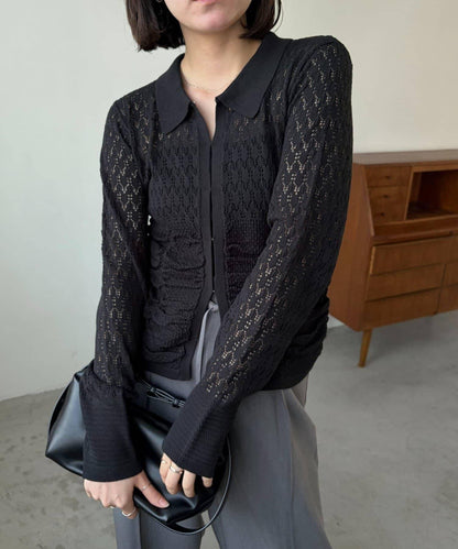 蕾絲抽褶按扣 針織開衫