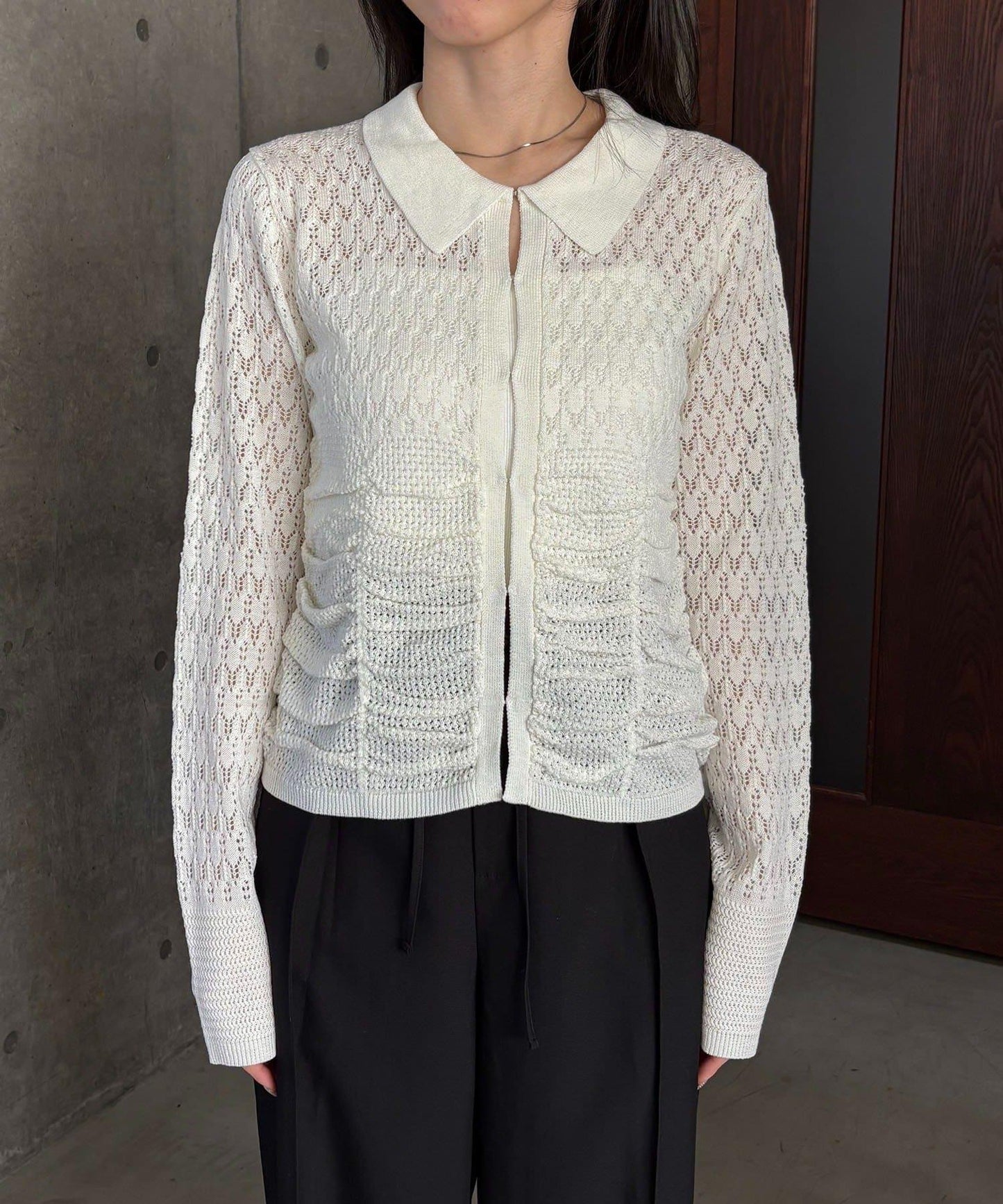 蕾絲抽褶按扣 針織開衫