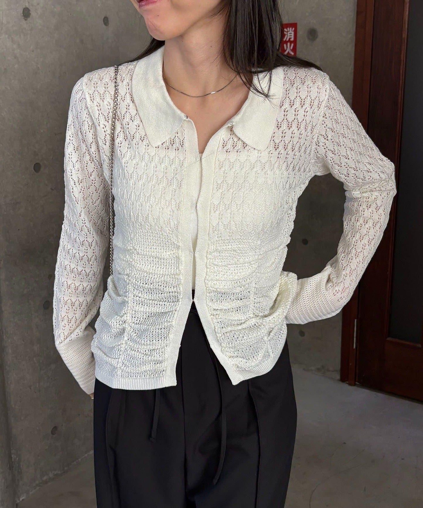 蕾絲抽褶按扣 針織開衫