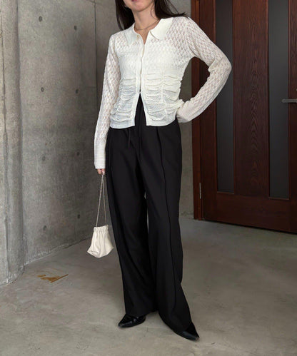 蕾絲抽褶按扣 針織開衫