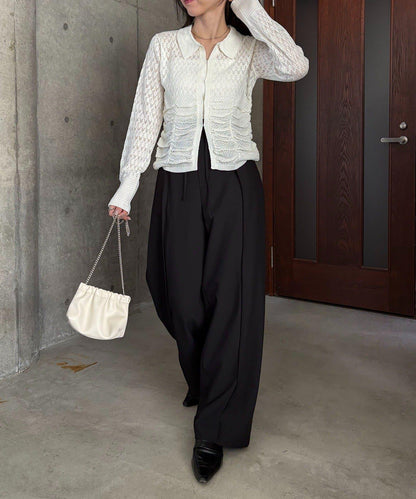 蕾絲抽褶按扣 針織開衫