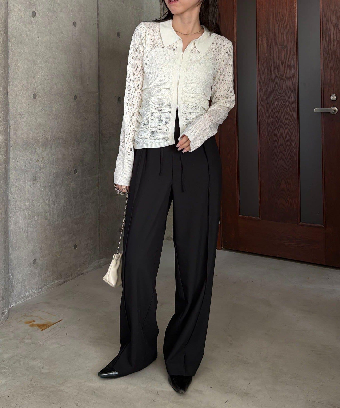 蕾絲抽褶按扣 針織開衫