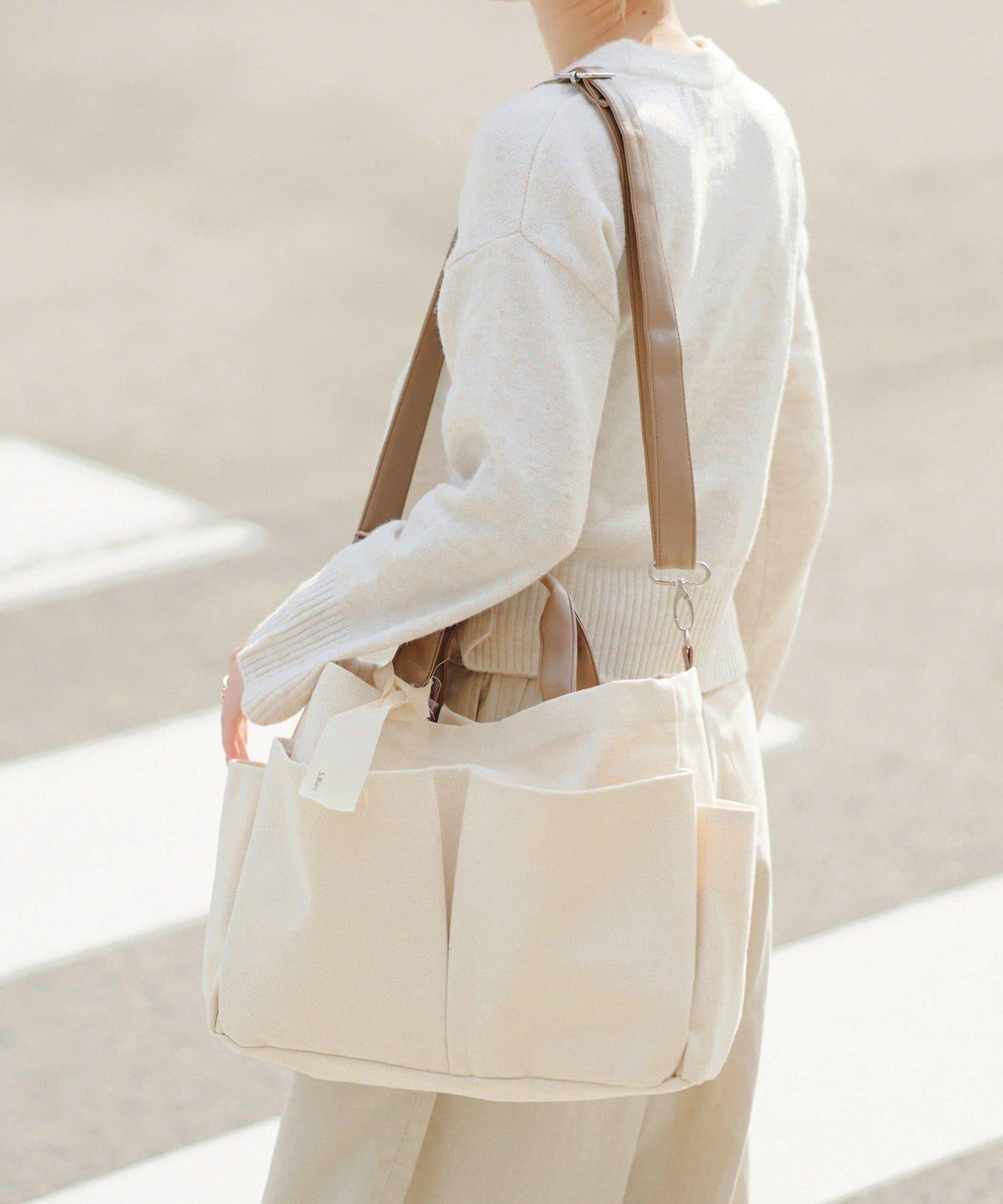 人造皮拼接 2WAY設計 單肩包 Shoulder Bag_069 S.blanc