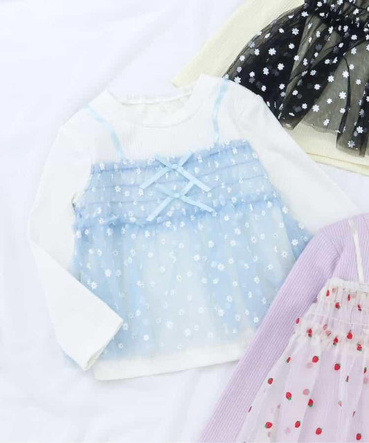 草莓花卉圖案拼接網紗上衣