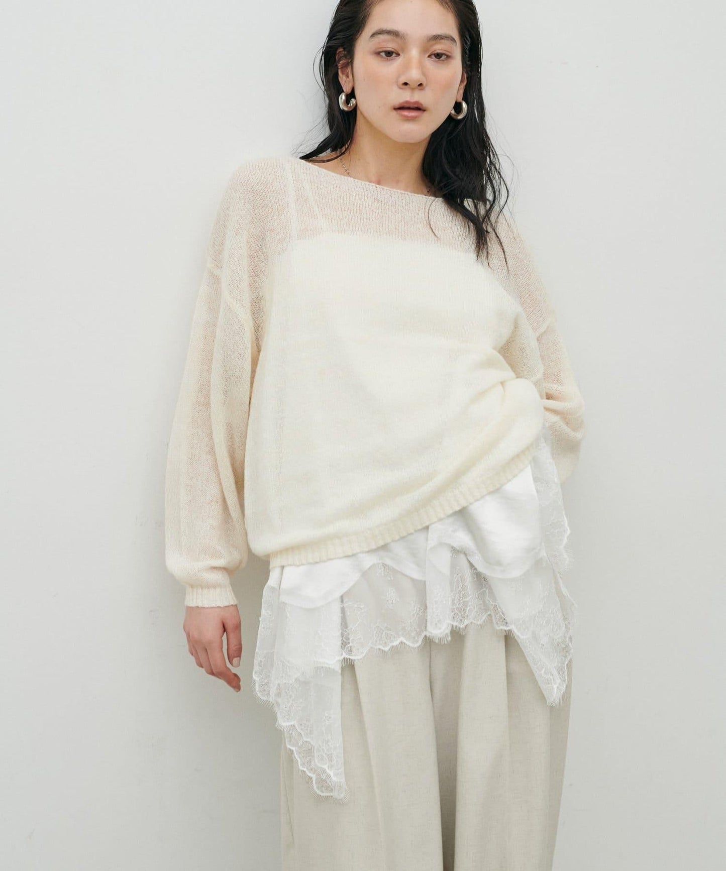 鏤空馬海毛船領套頭衫