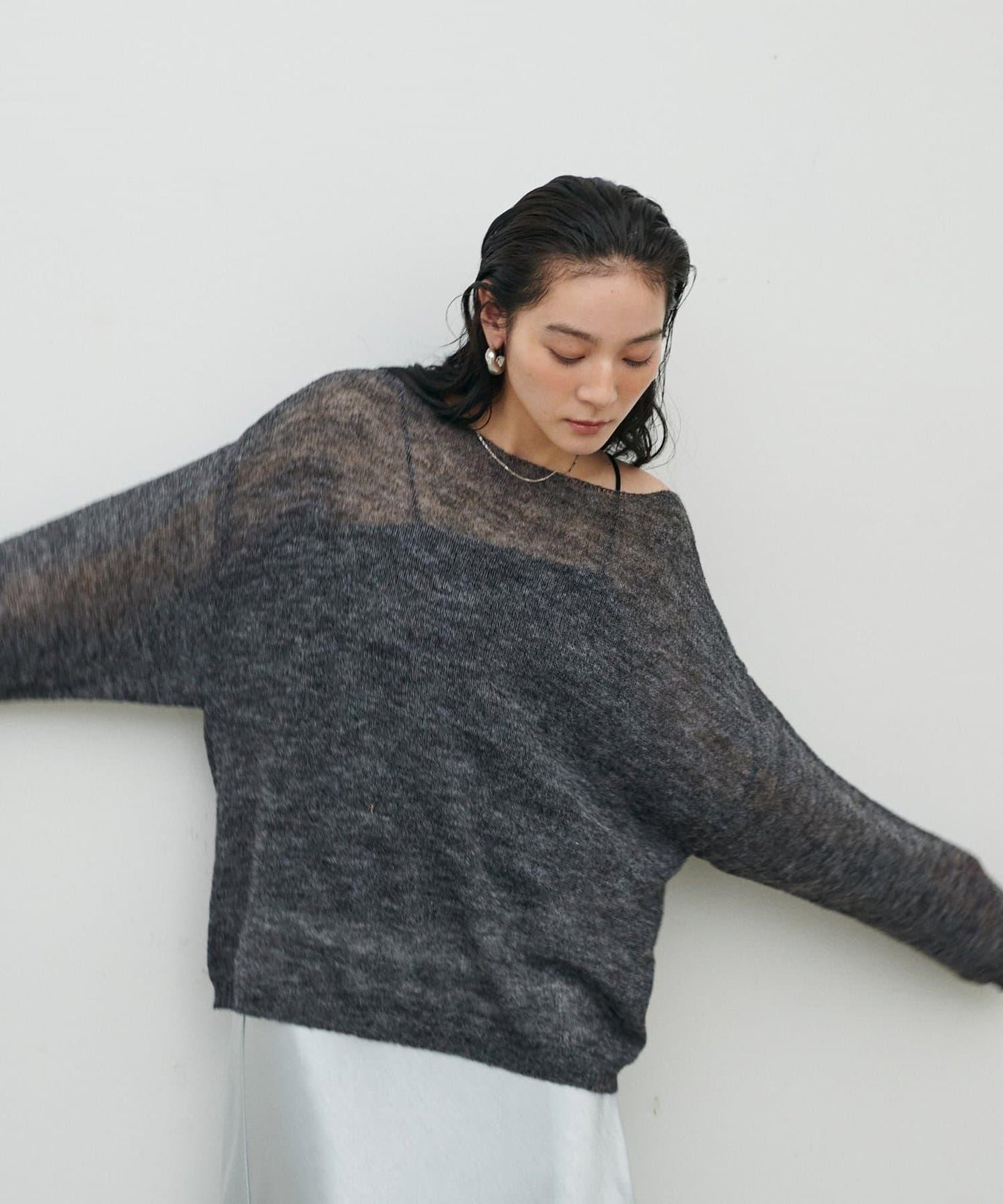 鏤空馬海毛船領套頭衫