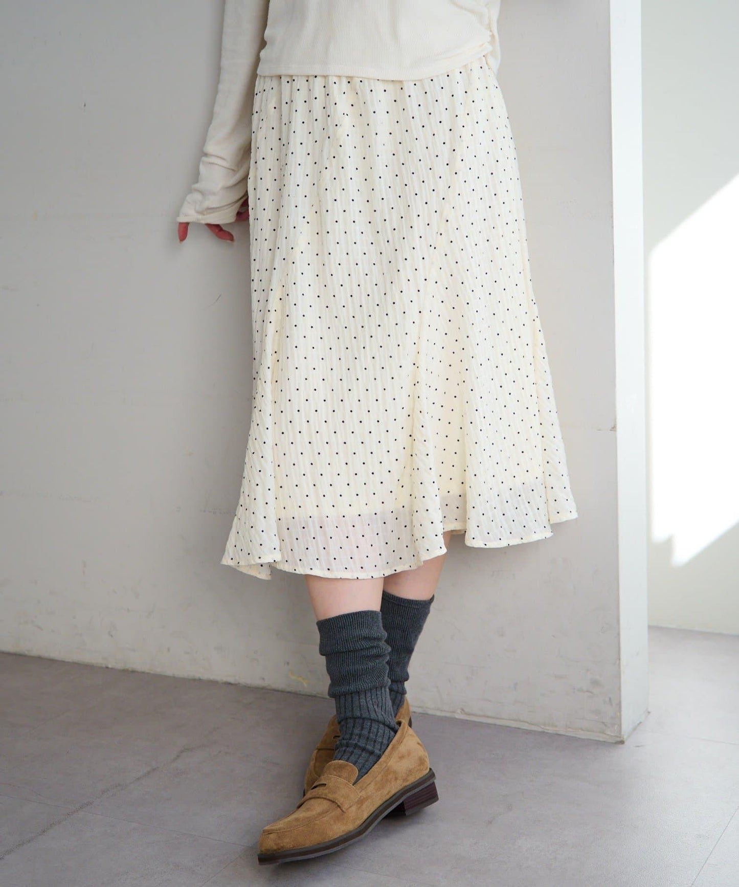 波點透紗中長半身裙