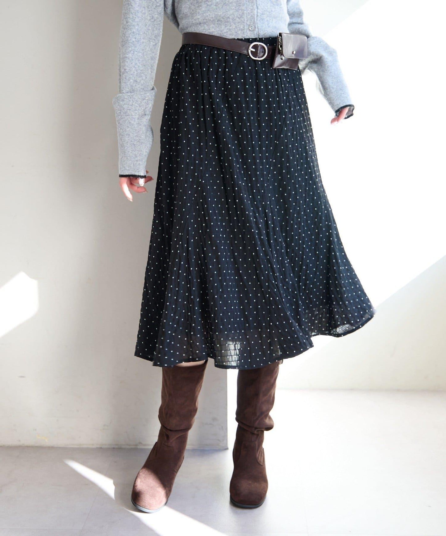 波點透紗中長半身裙