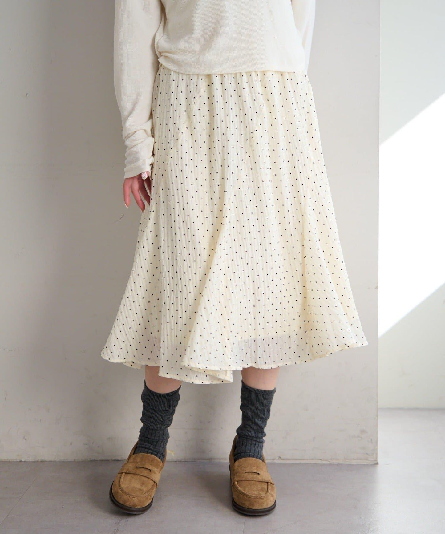 波點透紗中長半身裙