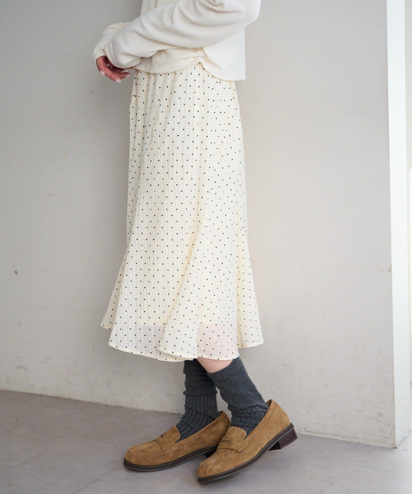 波點透紗中長半身裙