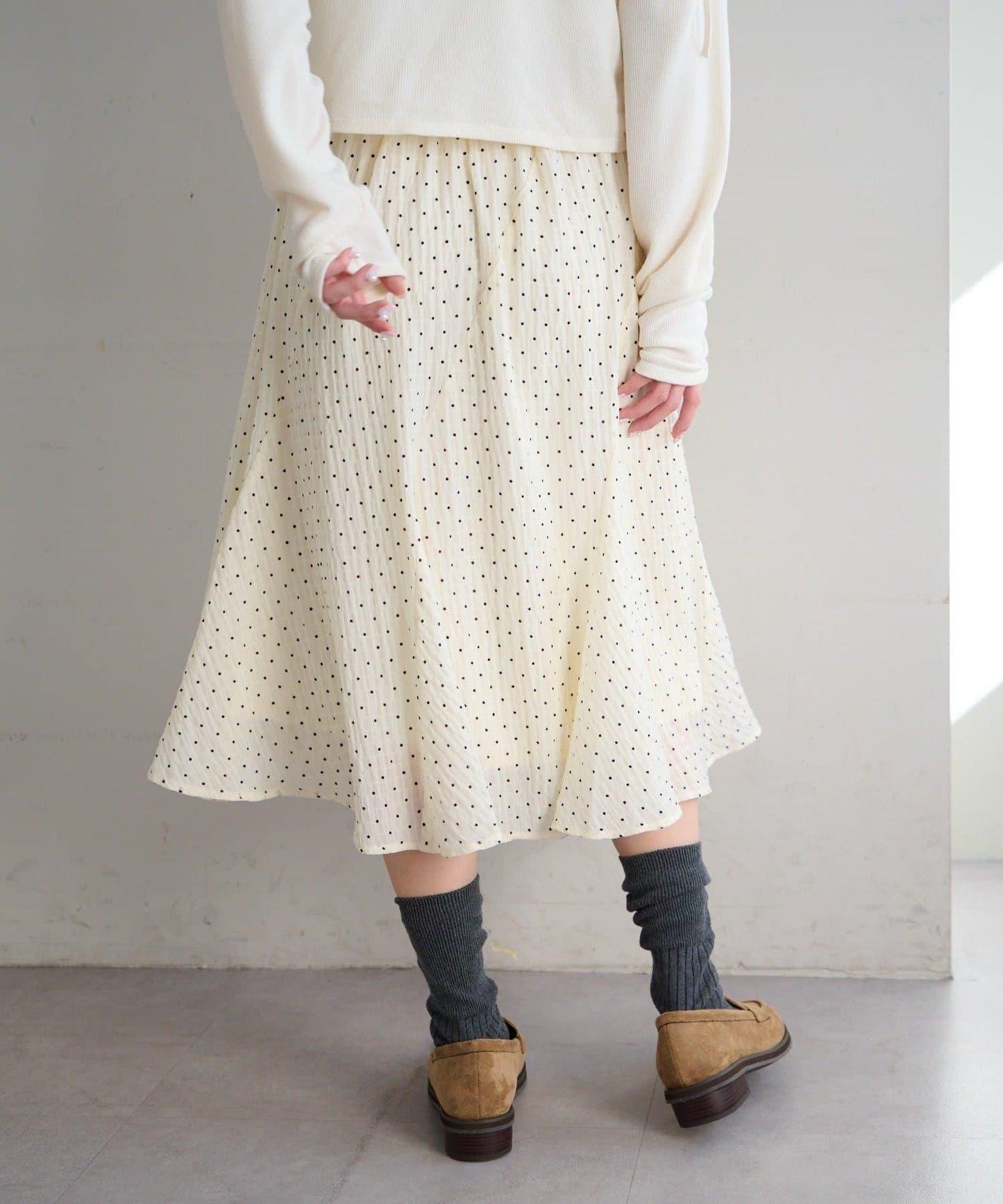波點透紗中長半身裙