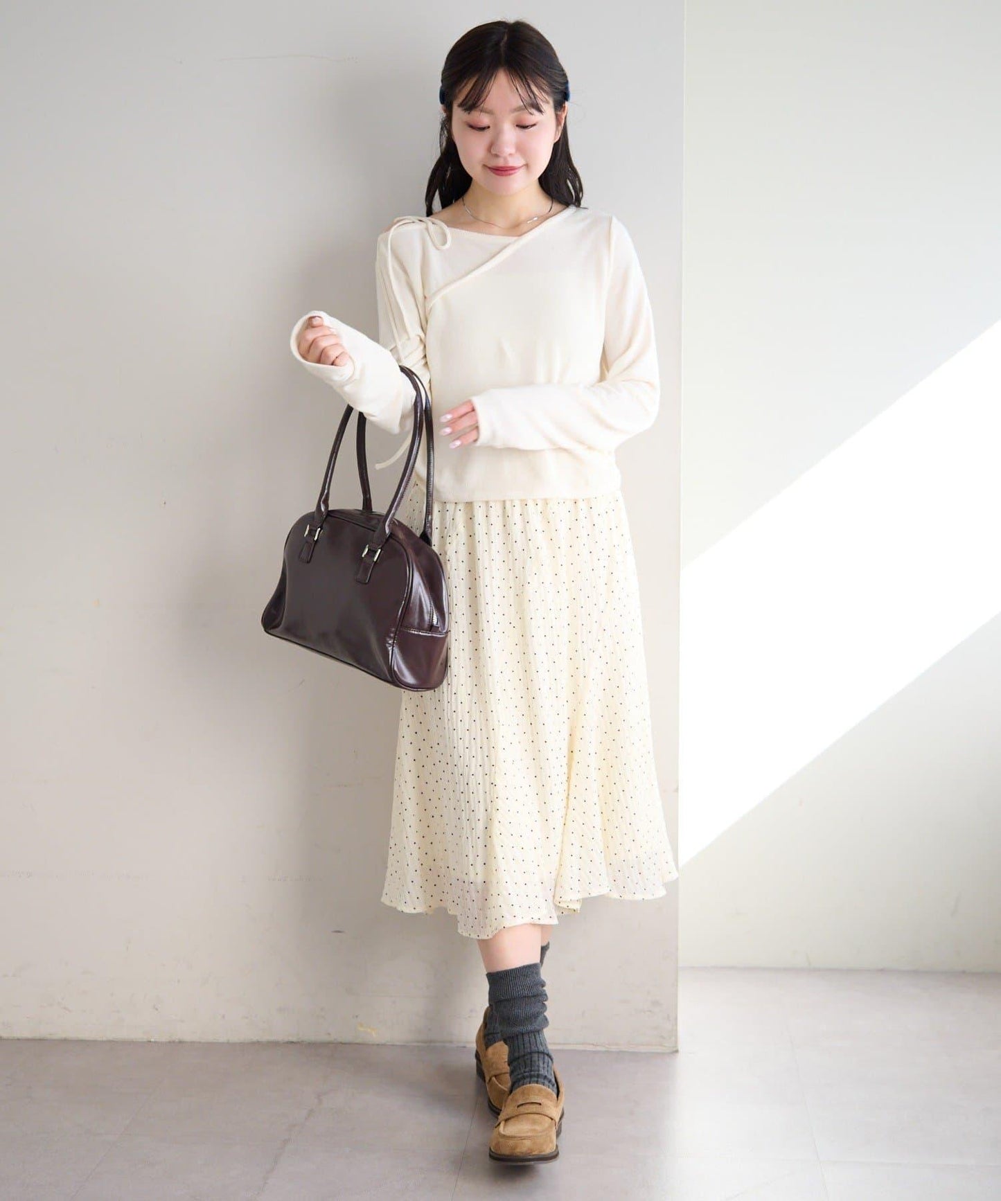 波點透紗中長半身裙