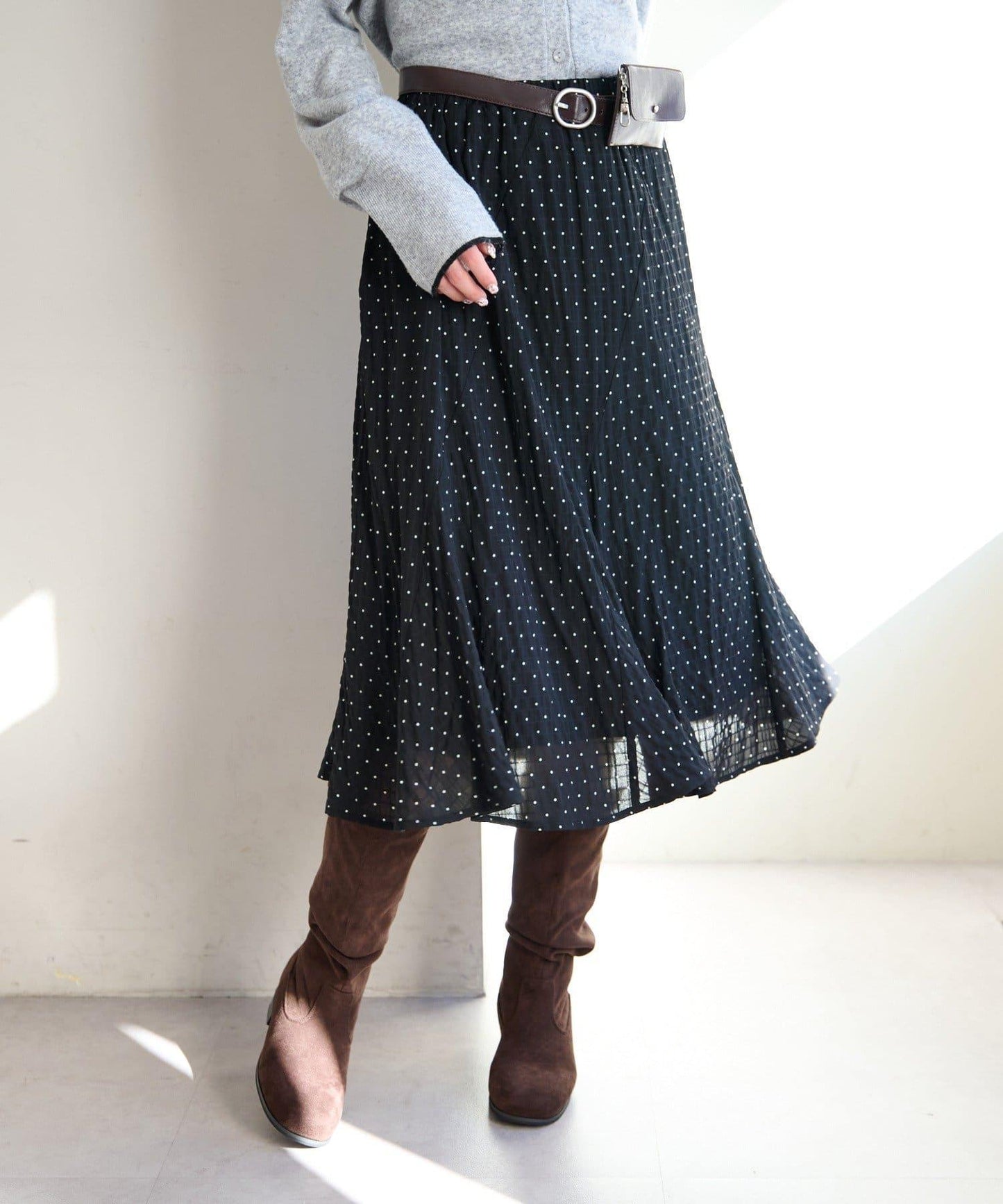 波點透紗中長半身裙