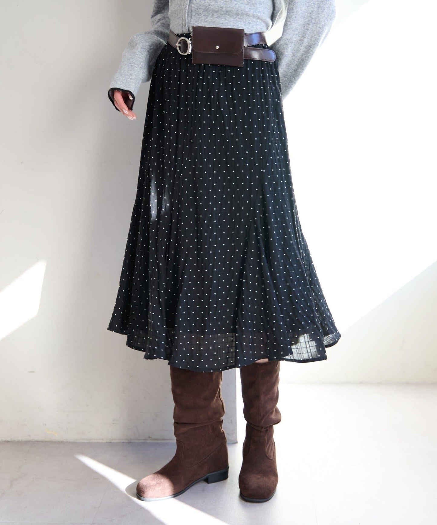 波點透紗中長半身裙