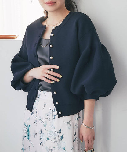 泡泡袖珍珠裝飾針織開衫