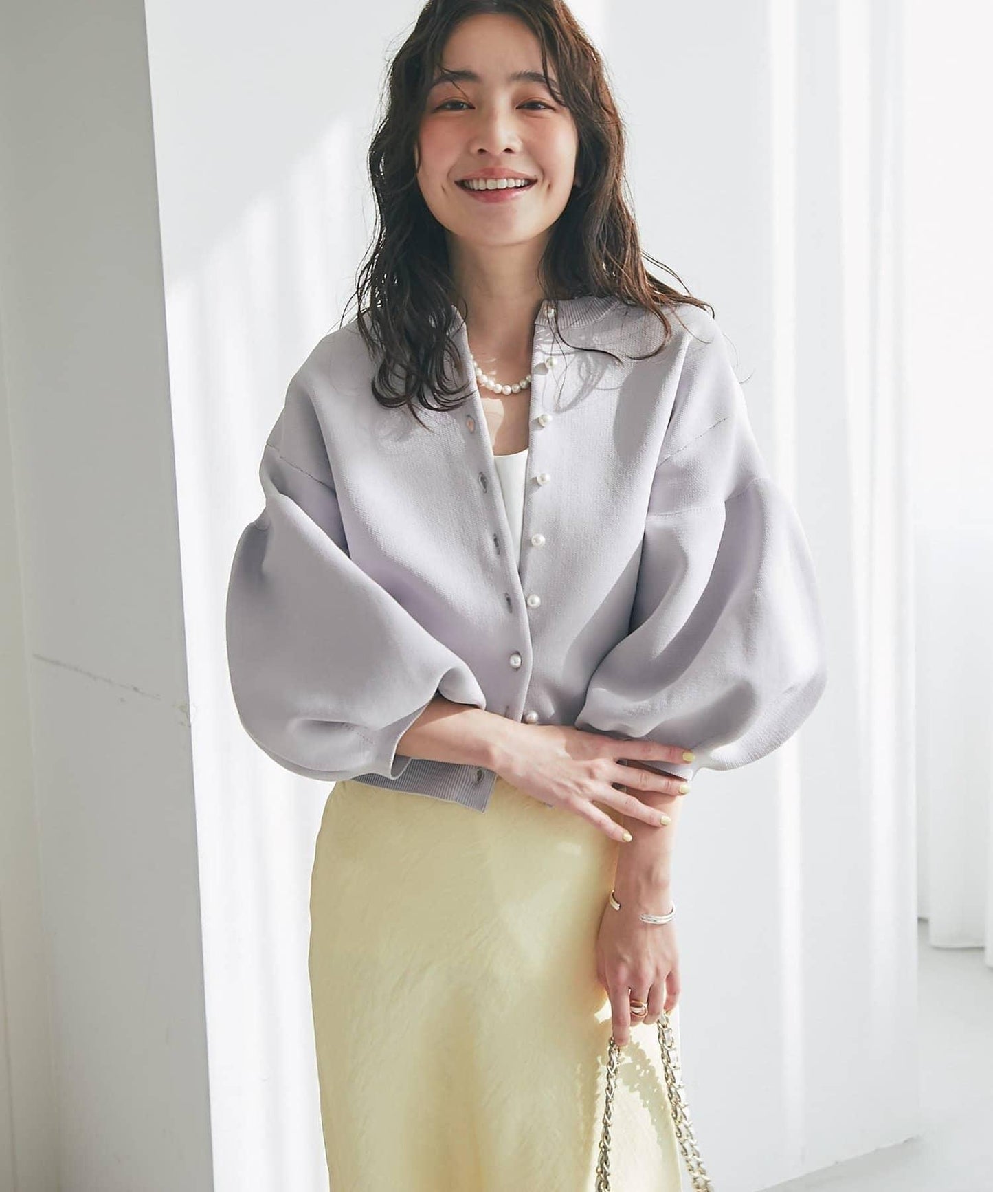 泡泡袖珍珠裝飾針織開衫