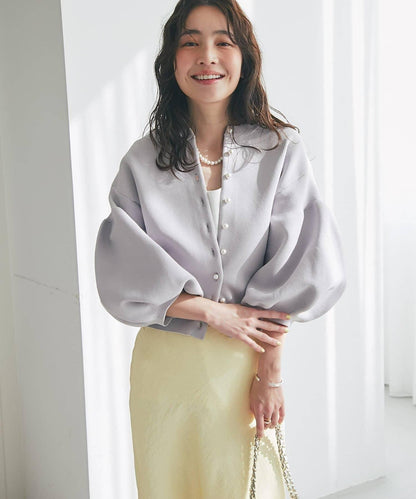 泡泡袖珍珠裝飾針織開衫