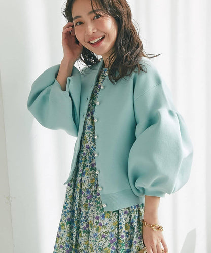 泡泡袖珍珠裝飾針織開衫