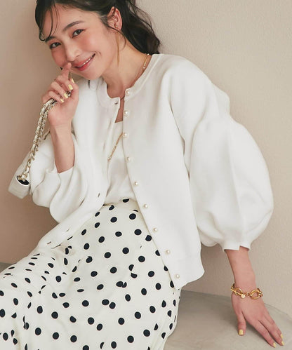 泡泡袖珍珠裝飾針織開衫