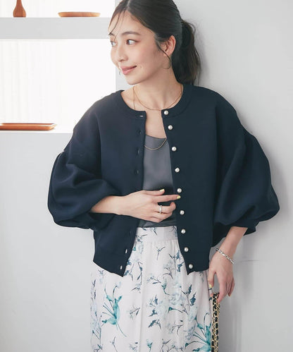 泡泡袖珍珠裝飾針織開衫